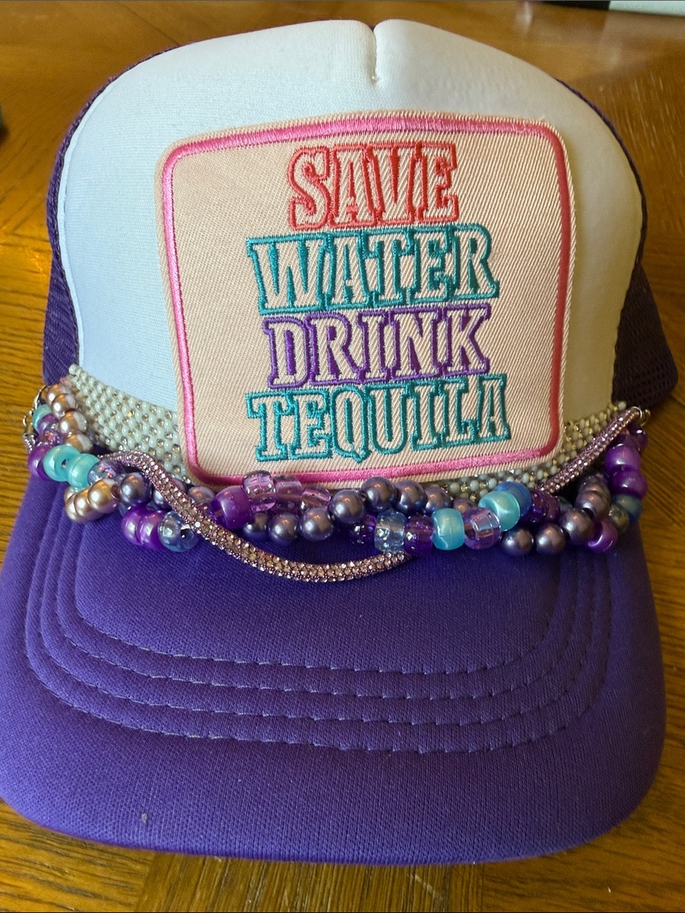 Purple 'Save Water Drink Tequila' Trucker Hat with Beaded Accent